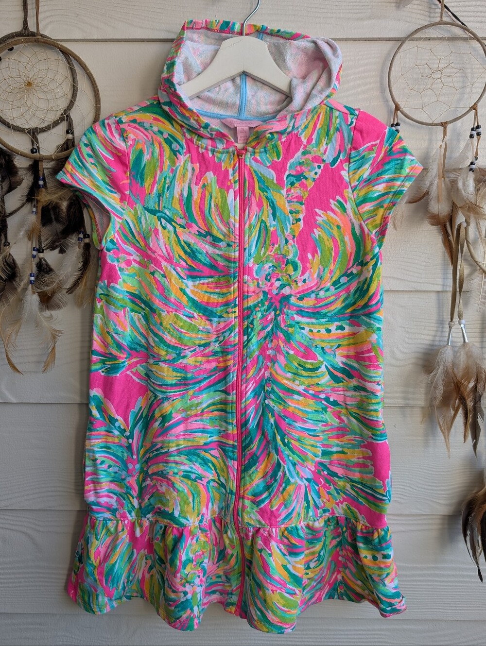 Lilly Pulitzer Girls Multi Color Floral Hooded Full Zip Ruffle Cover-Up Dress